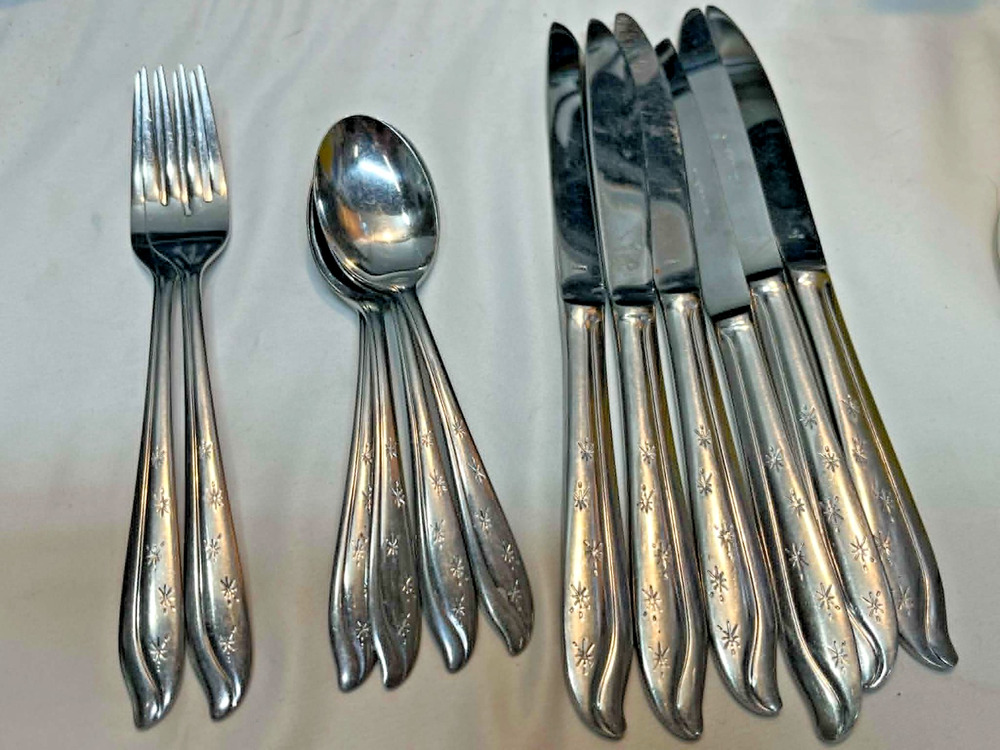 12 Koba Stainless Japan Dinner Knife Fork Spoon Starburst Swirl MCM Atomic